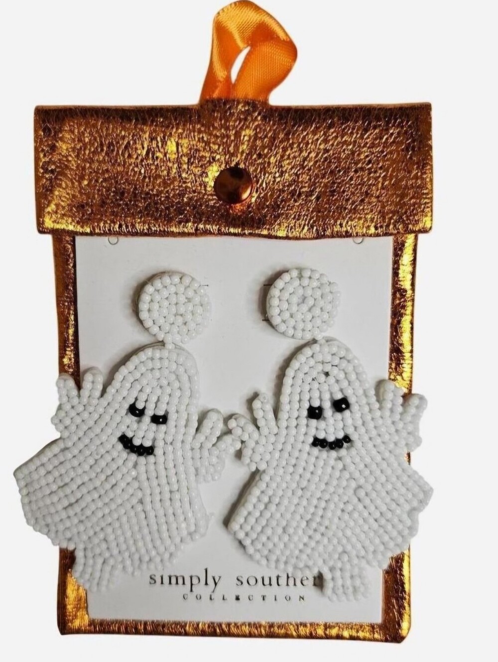 Simply Southern white beaded ghost earrings with black eyes & smile Halloween